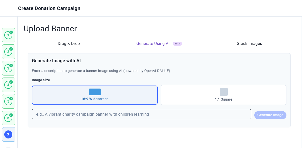 Upload Banner step showing the Generate Using AI tab with image size options and a prompt field
