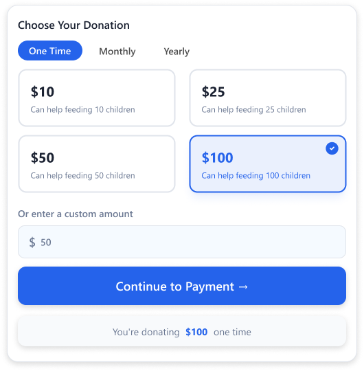 A form with selecction to make One Time, Monthly or Yearly donations
