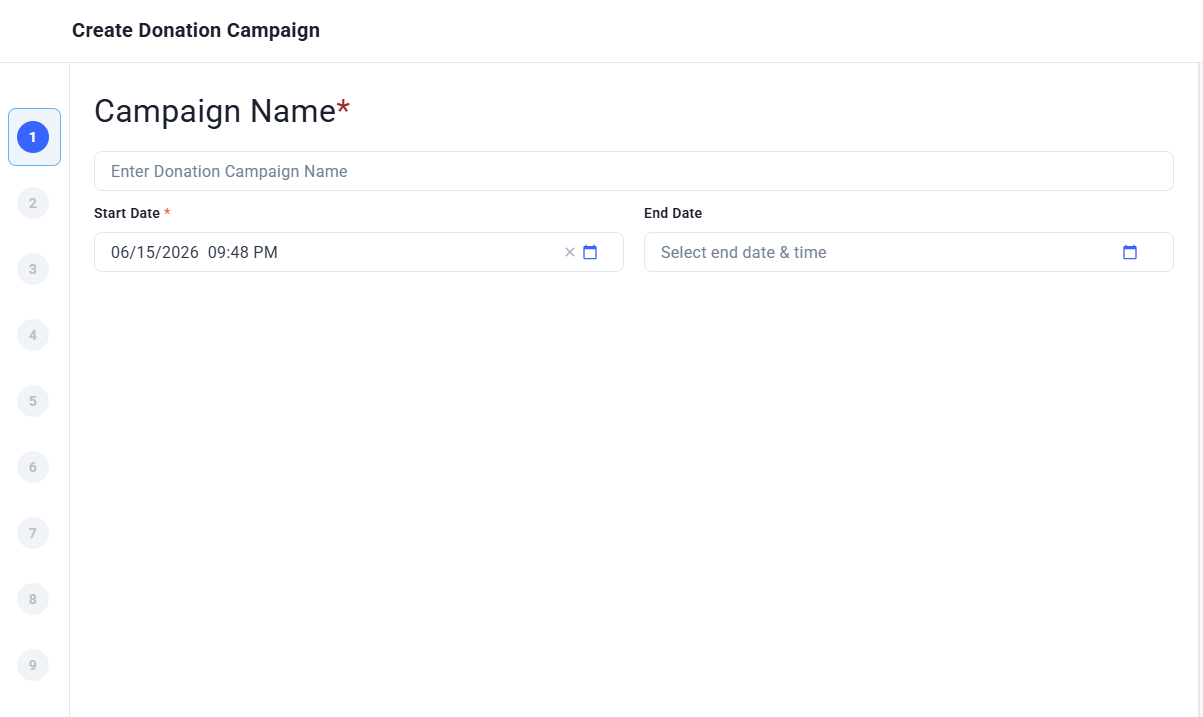 Campaign Name and Dates step showing campaign name field with start and end date fields