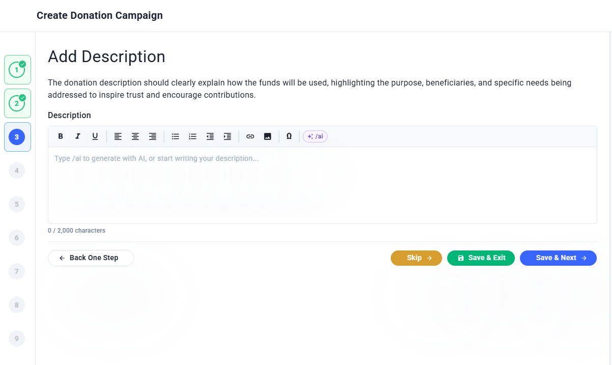 Add Description step showing a rich text editor with AI generation option