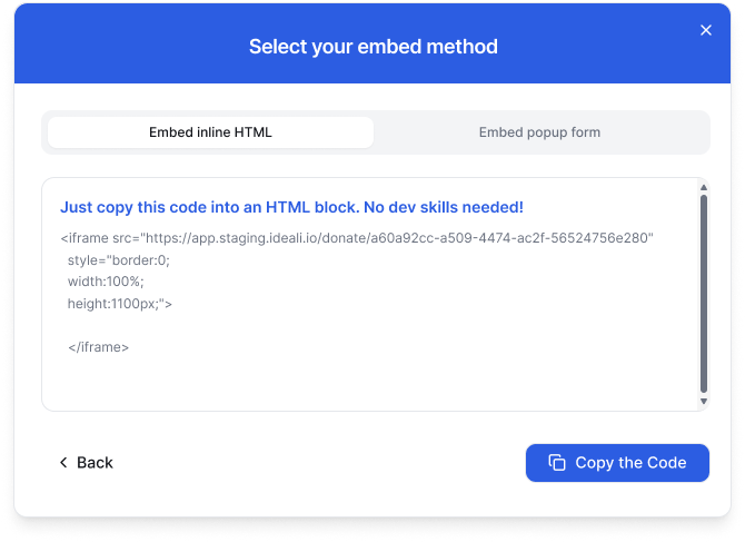 Embed method dialog showing Embed inline HTML and Embed popup form tabs with an iframe code snippet ready to copy