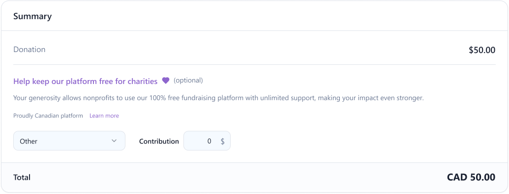 Donation summary showing a $50 donation with an optional platform contribution field and a total of CAD $50.00