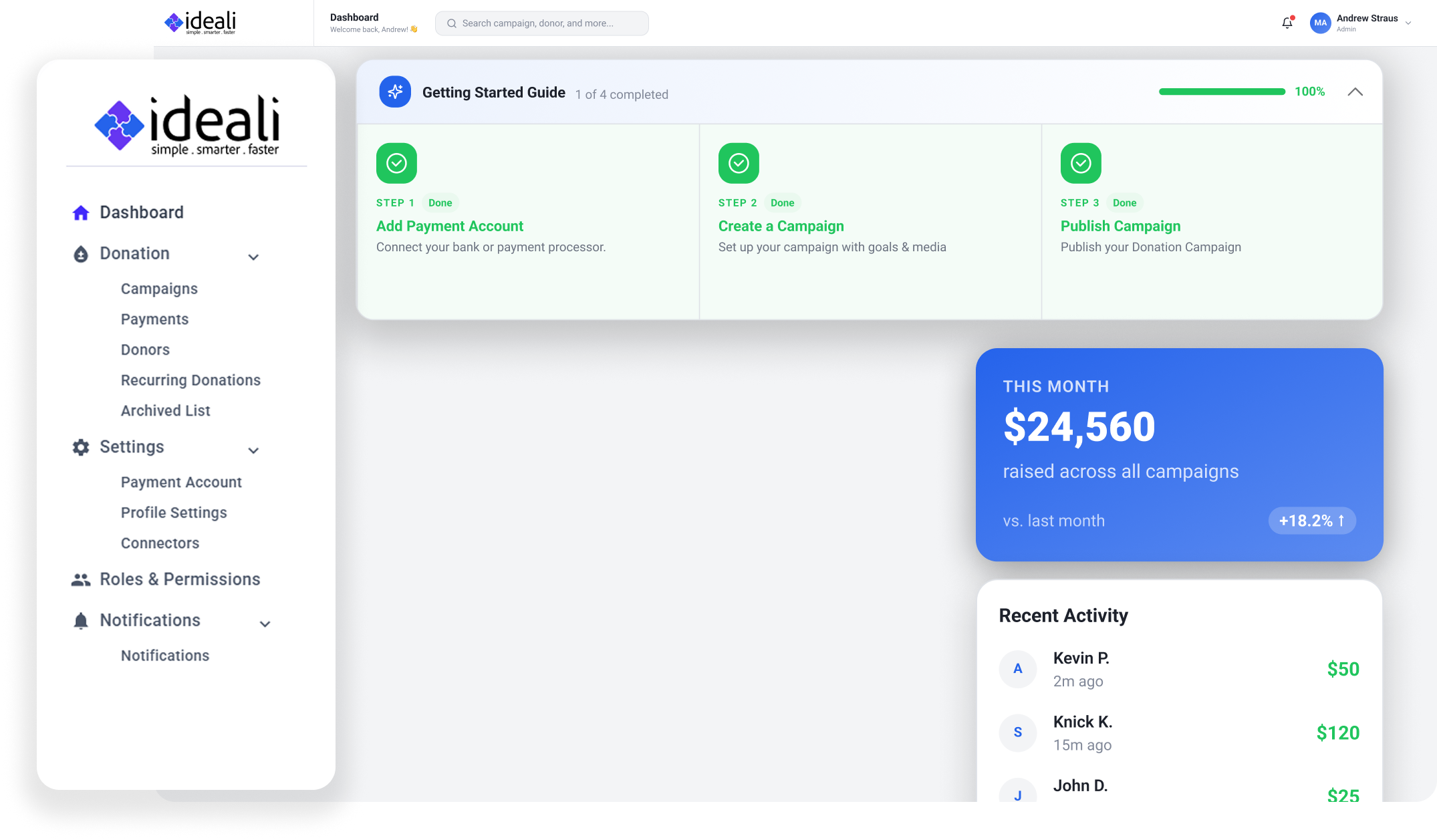 Ideali dashboard showing the Getting Started Guide, total donations this month, recent activity, and sidebar navigation