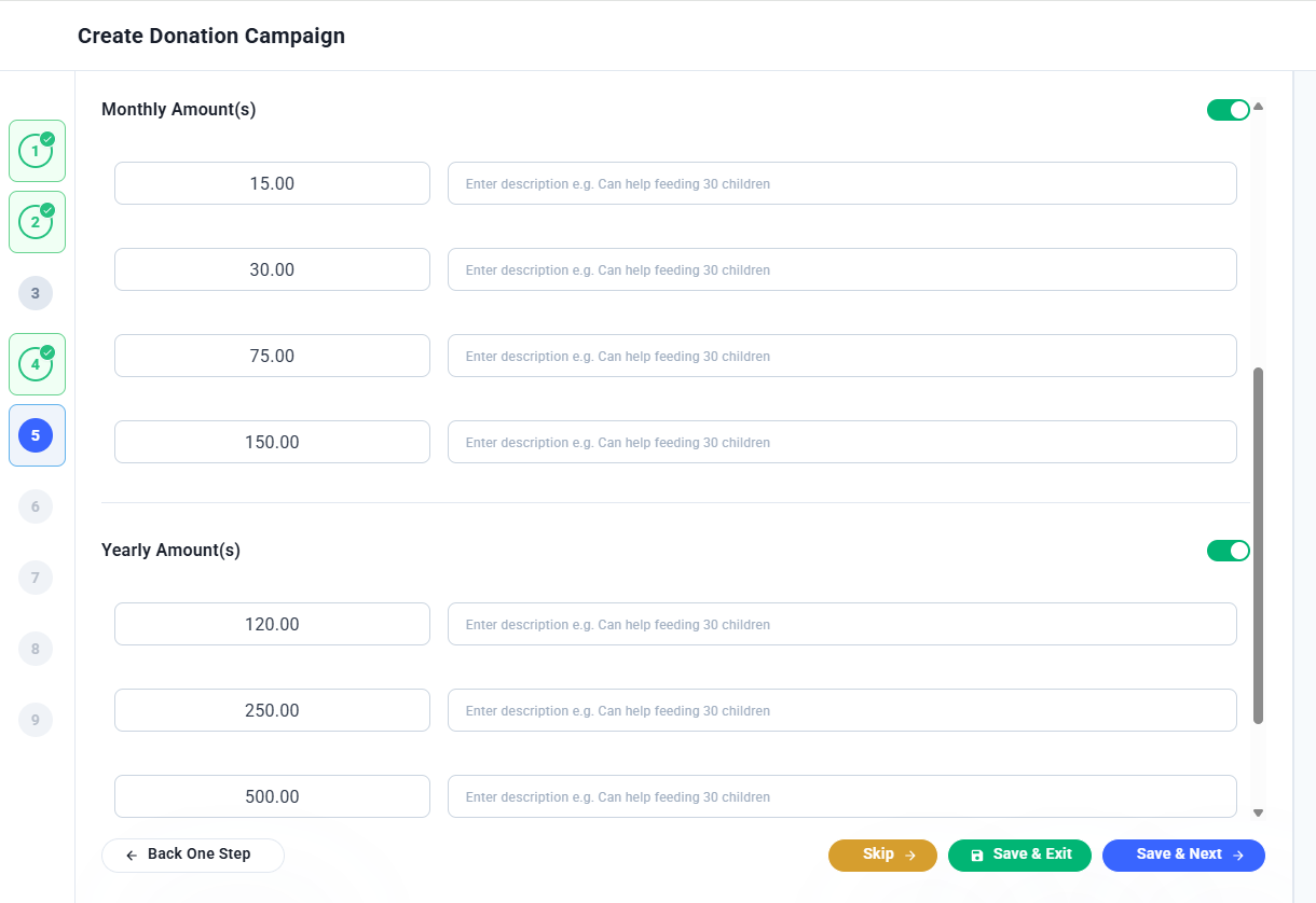 Monthly Amounts section showing fields for recurring monthly donation amounts with optional descriptions