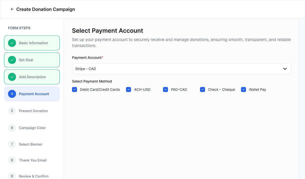Select Payment Account step showing payment account dropdown and payment method checkboxes