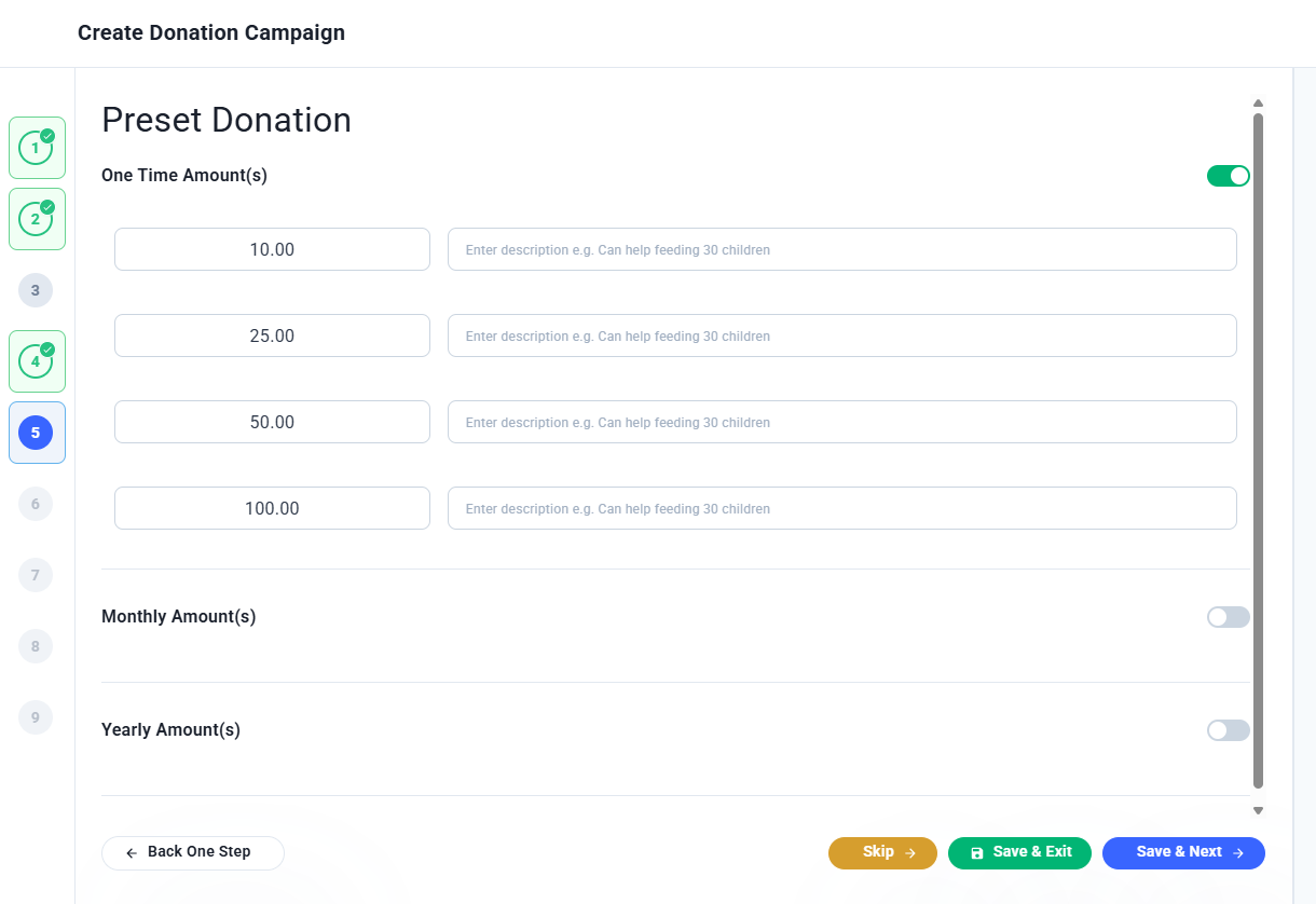 Preset Donation step showing one time amount fields with optional description fields and toggles for monthly and yearly amounts