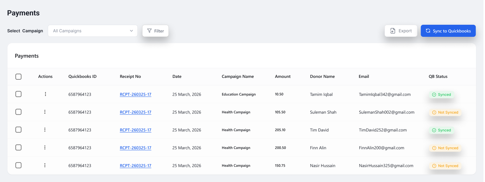 List of Payments showinng if they are synced to Quickbooks or not.