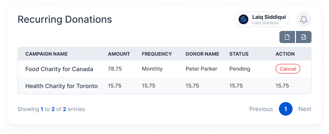 List of Recurring Donation Lists on your campaigns