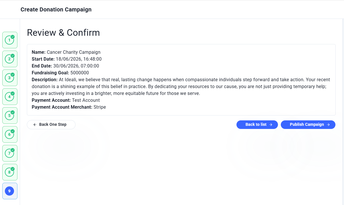 Review and Confirm step showing a summary of all campaign details with Publish Campaign button