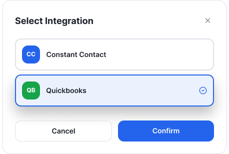 Select QuickBooks in the Integration form