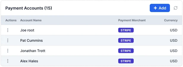 Payment account setup showing Stripe selected as the payment merchant with account name, currency, and automatically filled secret and publishable keys