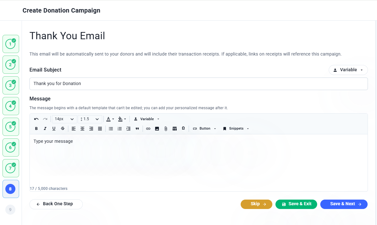 Thank You Email step showing email subject field and message editor with variable insertion option