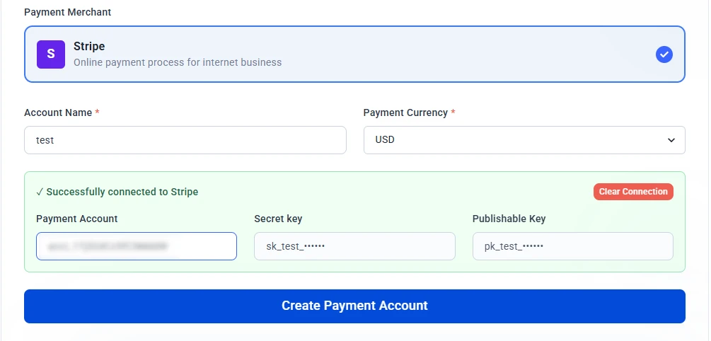 Payment account setup showing Stripe selected as the payment merchant with account name, currency, and automatically filled secret and publishable keys