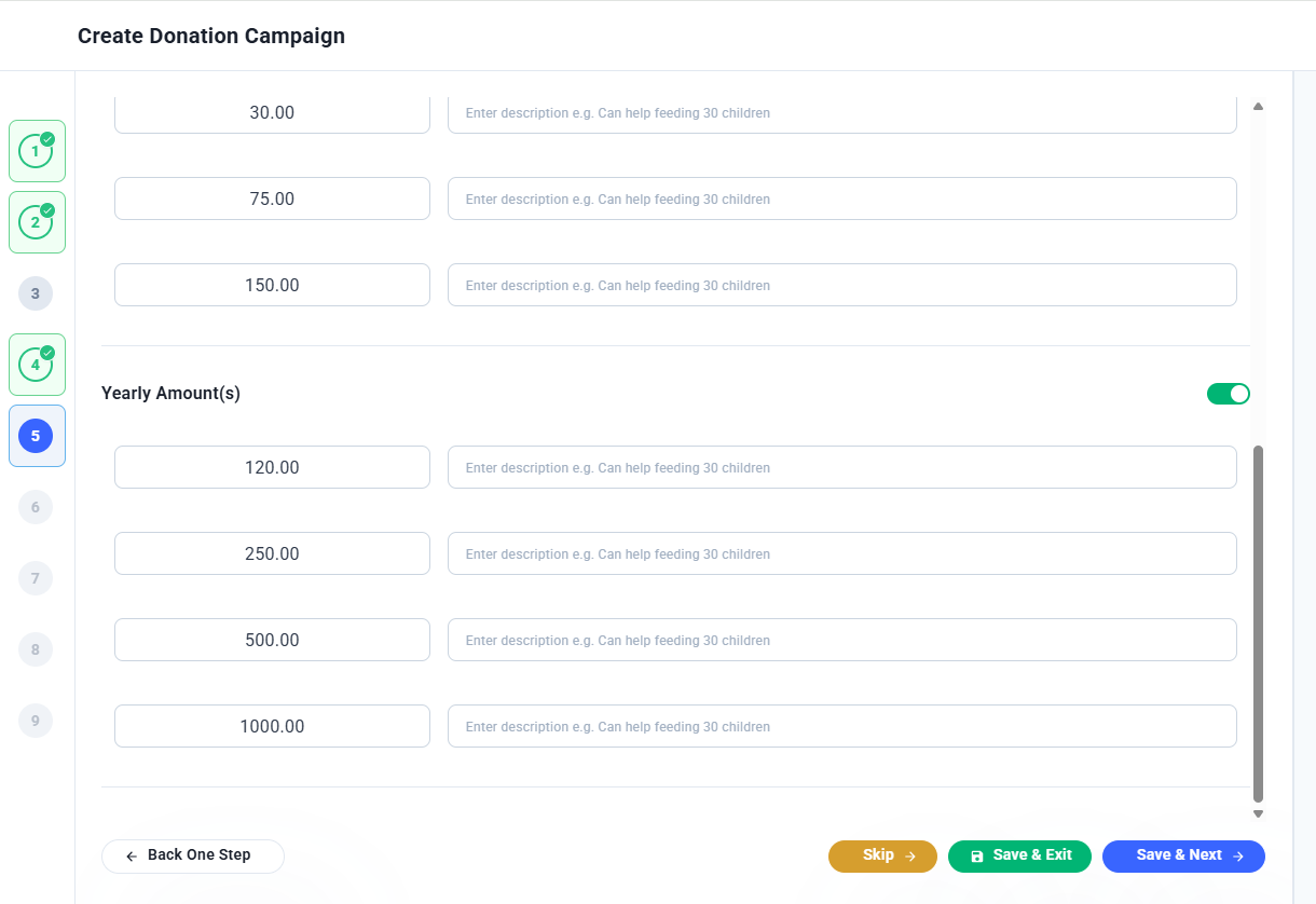 Yearly Amounts section showing fields for annual donation amounts with optional descriptions