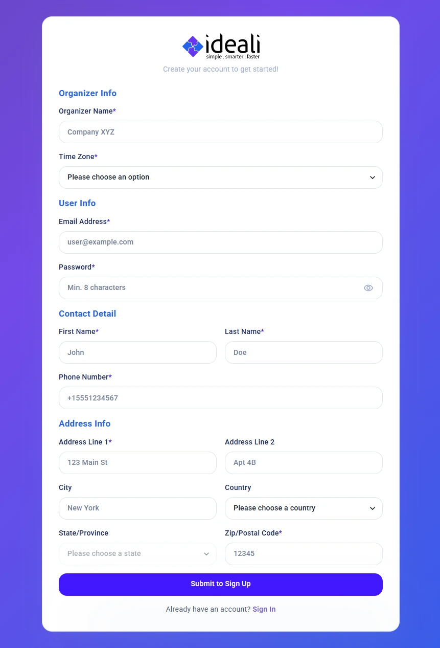 Ideali sign up form showing fields for Organizer Info, User Info, Contact Detail, and Address Info