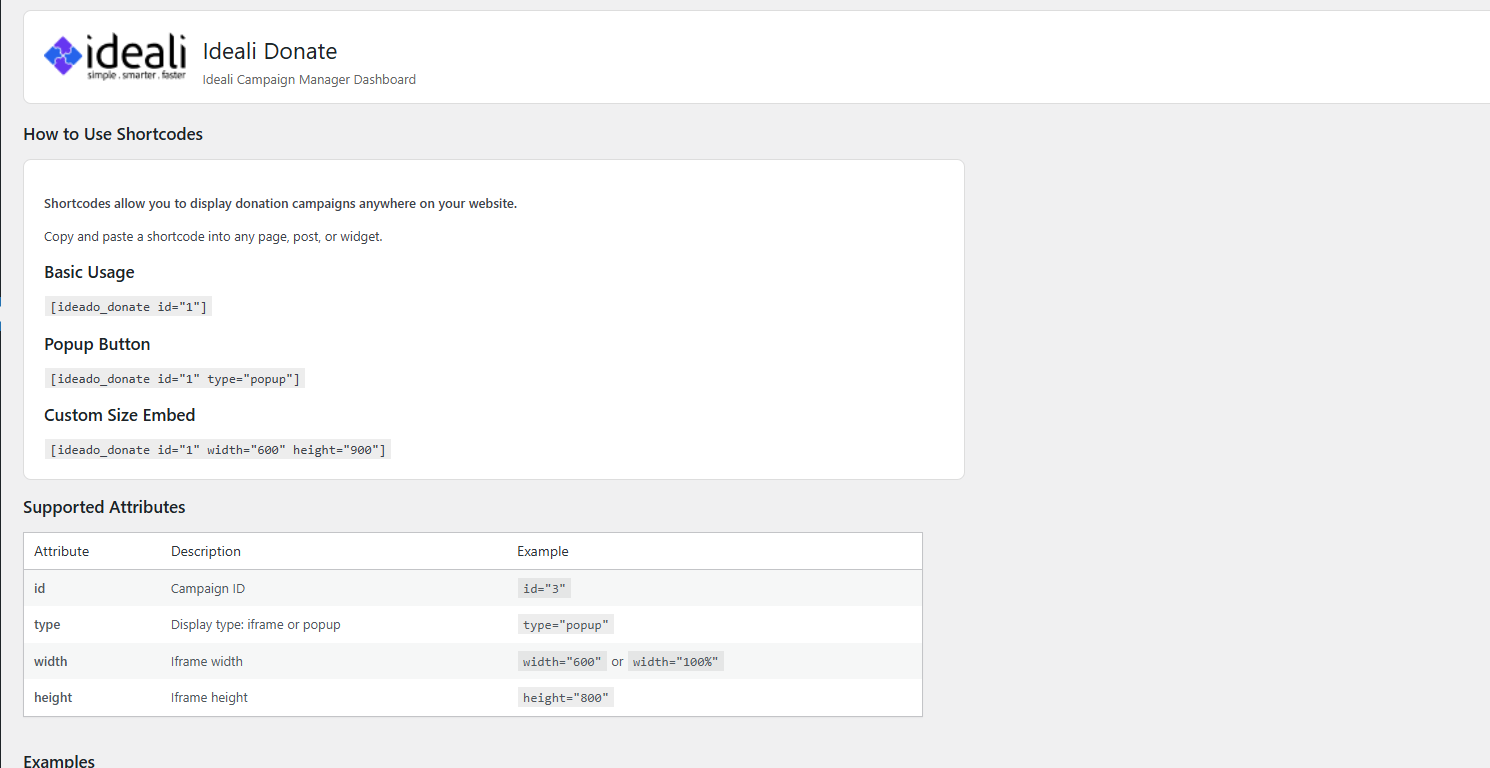 Ideali Donate WordPress plugin showing shortcode usage instructions, supported attributes table, and examples