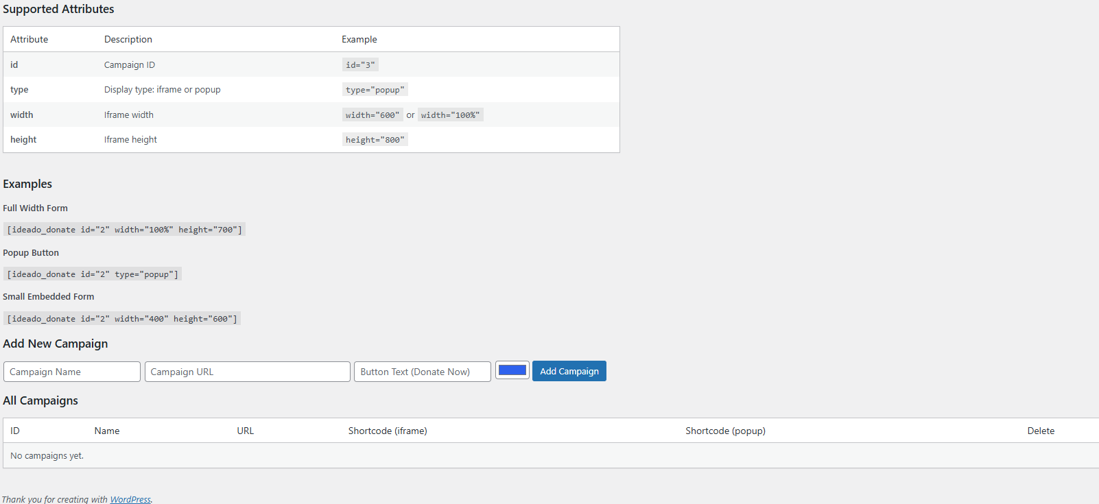Ideali Donate plugin showing the All Campaigns list, Add New Campaign form, and shortcode examples