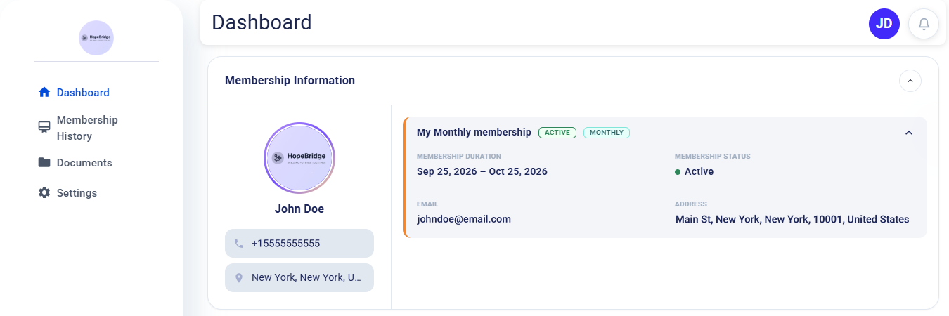 Member portal dashboard showing the member's profile and membership information, including status, duration, email, and address
