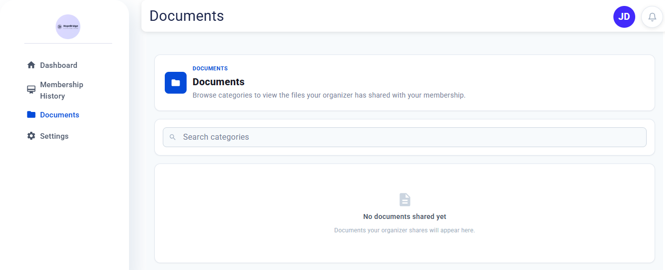 Documents page where members browse files shared by the organization