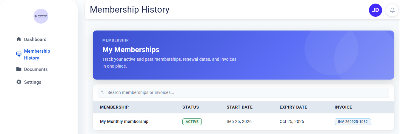 Membership History page listing a membership with its status, start date, expiry date, and invoice number