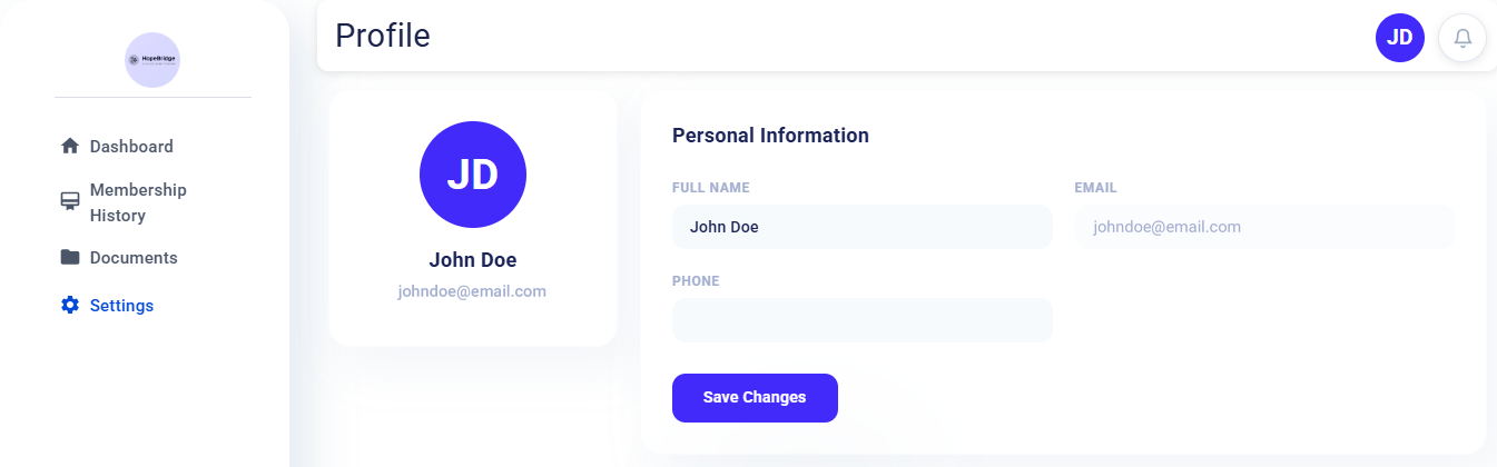 Profile settings page with full name, email, and phone fields and a Save Changes button