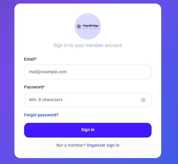 Member portal sign-in page showing the organization's logo with email and password fields