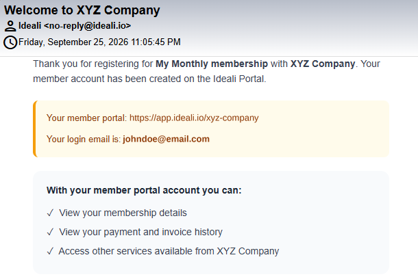 Welcome email from Ideali showing the member portal link and the login email address