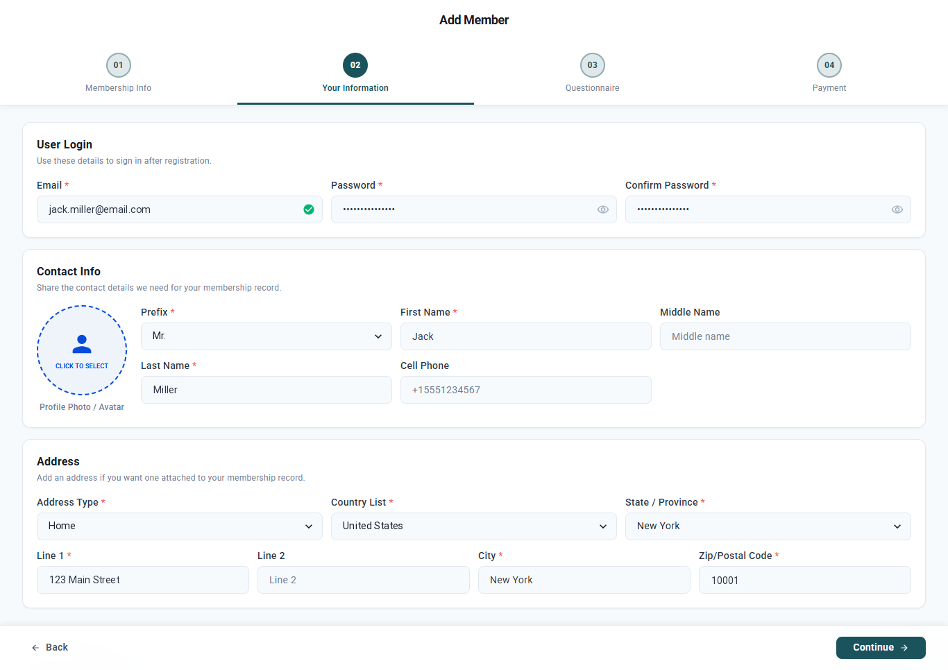 Your Information step with user login, contact info, and address fields filled in
