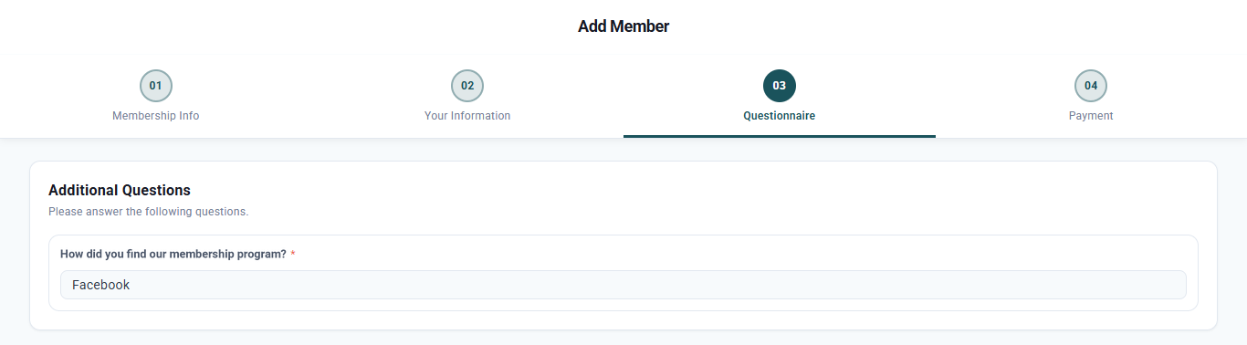 Questionnaire step showing an additional question from the organization with an answer entered