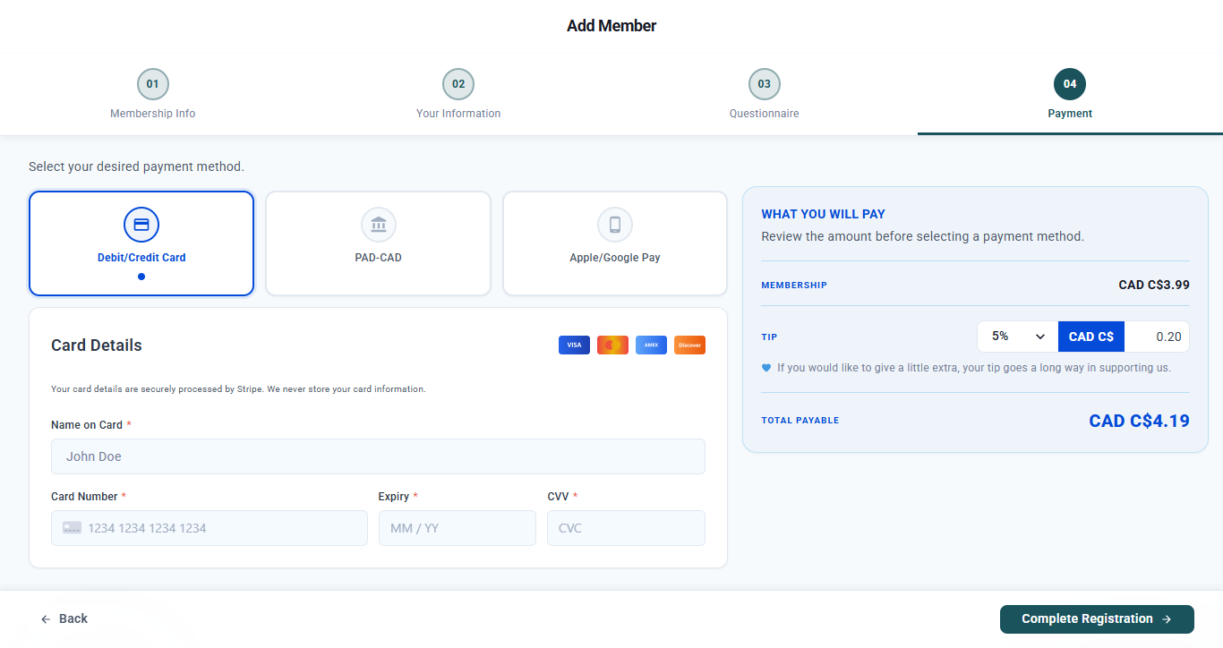 Payment step with Debit/Credit Card, PAD-CAD, and Apple/Google Pay options, card detail fields, and a summary showing the membership price, optional tip, and total payable