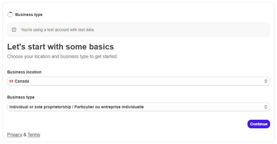 Stripe setup step asking for business location and business type