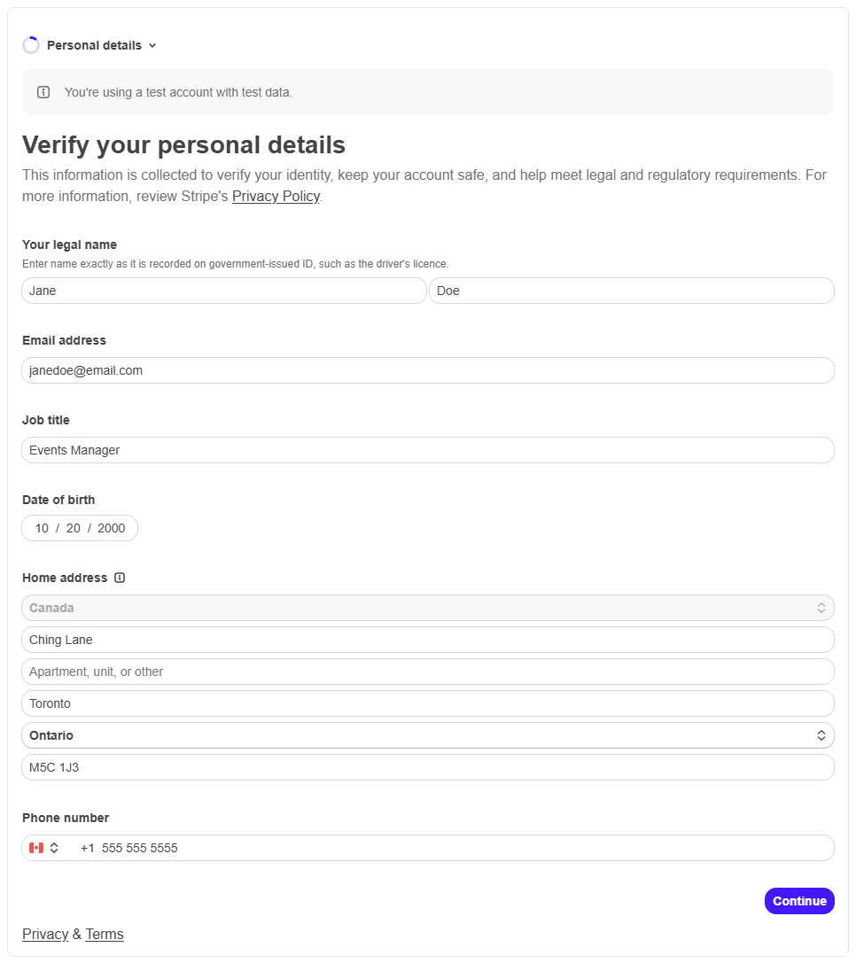 Stripe setup step asking for legal name, email, job title, date of birth, home address, and phone number
