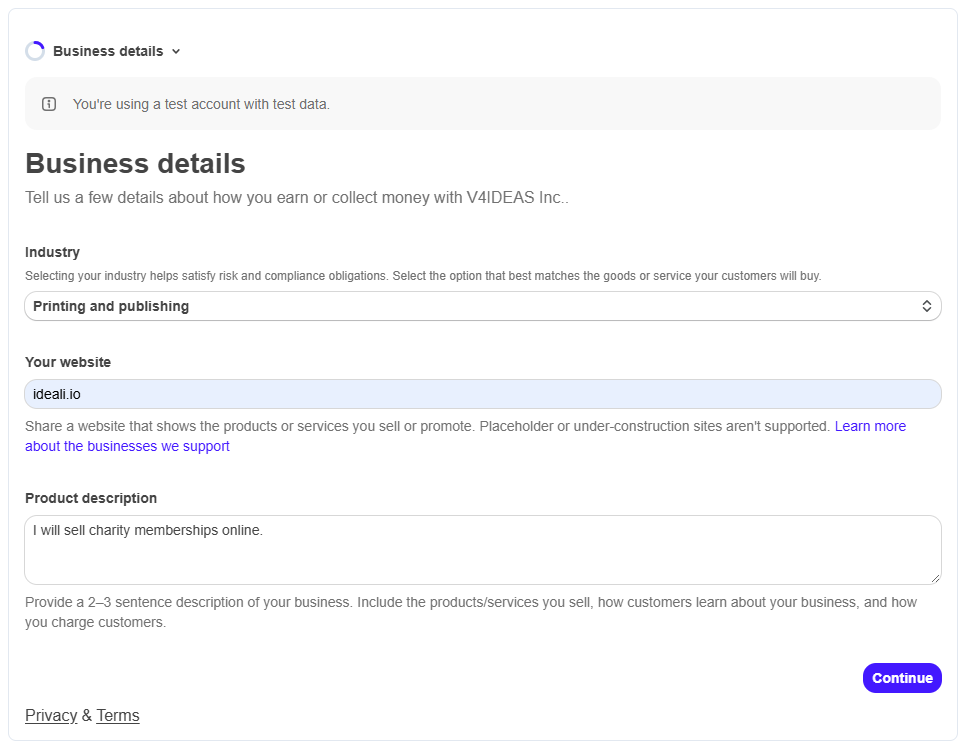 Stripe setup step asking for industry, website, and product description