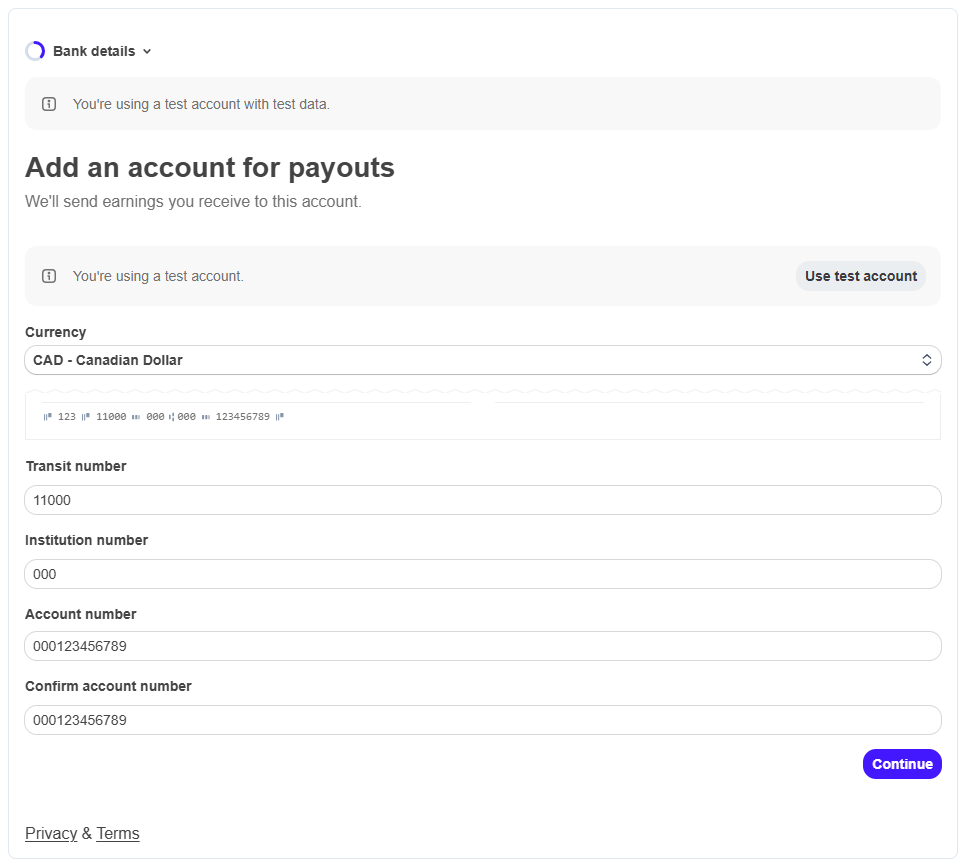 Stripe setup step for adding a payout bank account with currency, transit, institution, and account number fields
