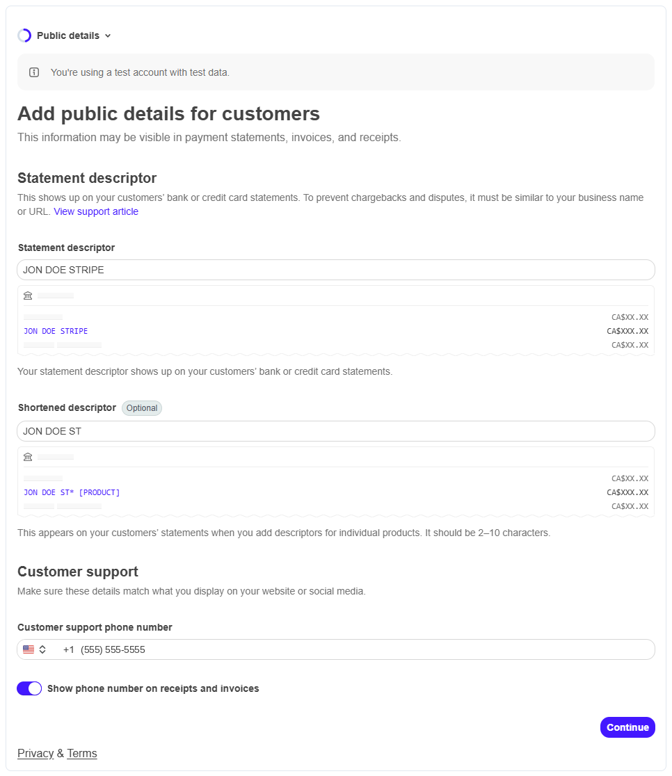 Stripe setup step for the statement descriptor, shortened descriptor, and customer support phone number