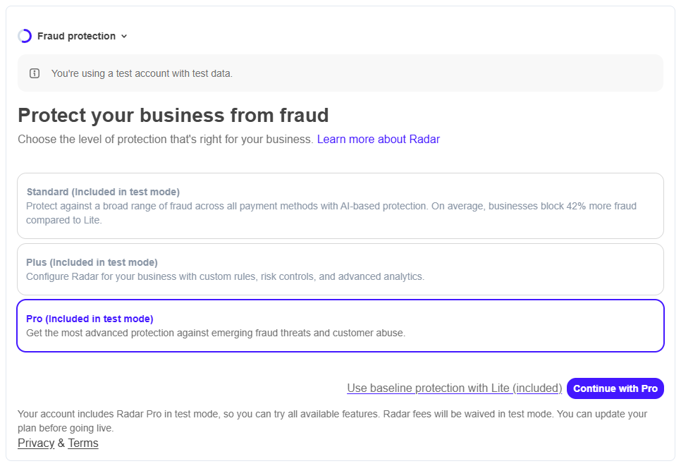 Stripe setup step for choosing a Radar fraud protection plan