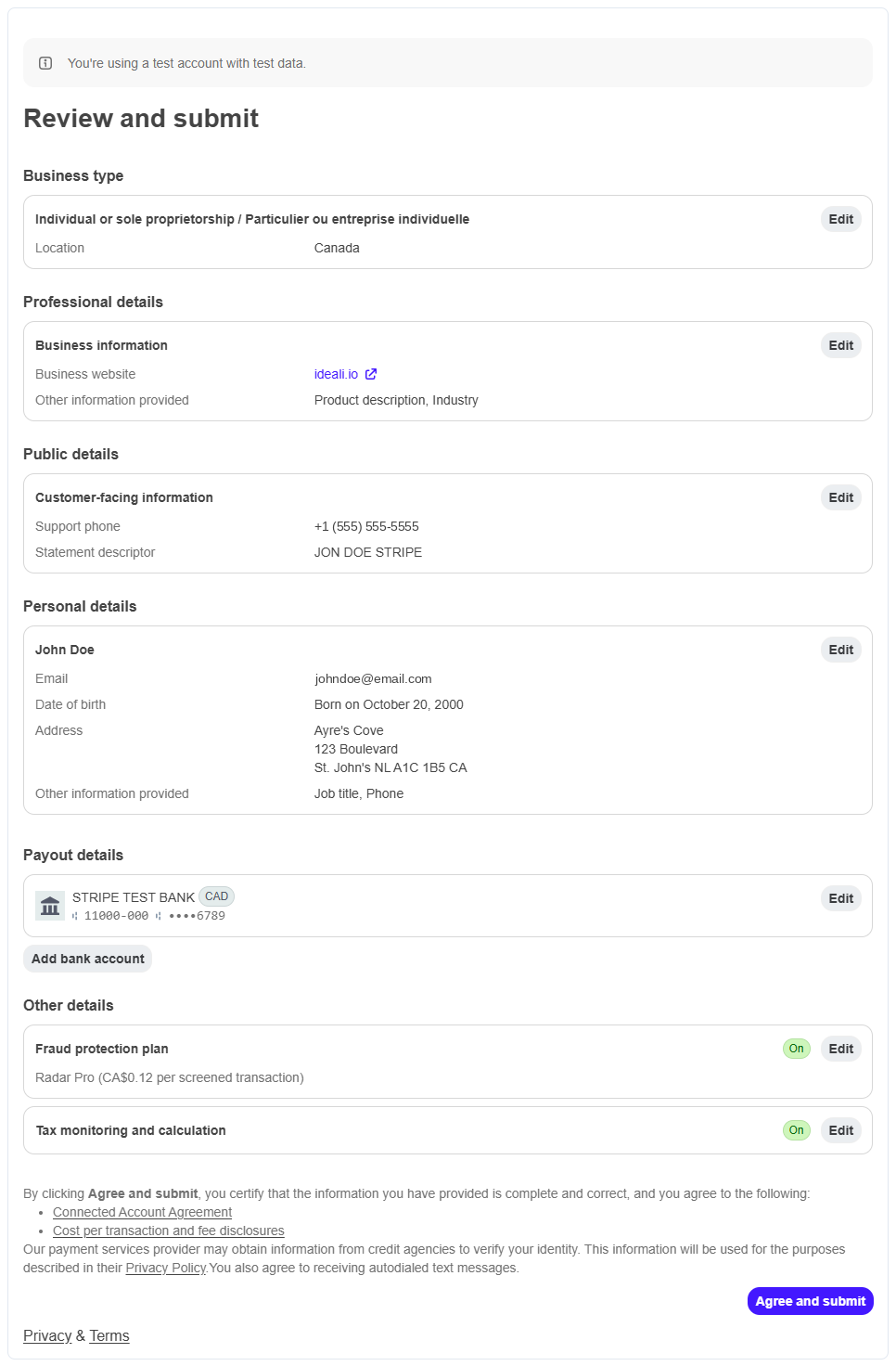 Stripe review screen summarizing business, public, personal, payout, and fraud protection details with an Agree and submit button