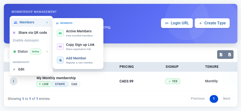 Membership type actions menu with Members expanded, showing Copy Sign-up Link, and the Share via QR code option