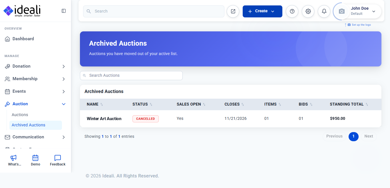 Archived Auctions page listing a cancelled auction with its items, bids and standing total