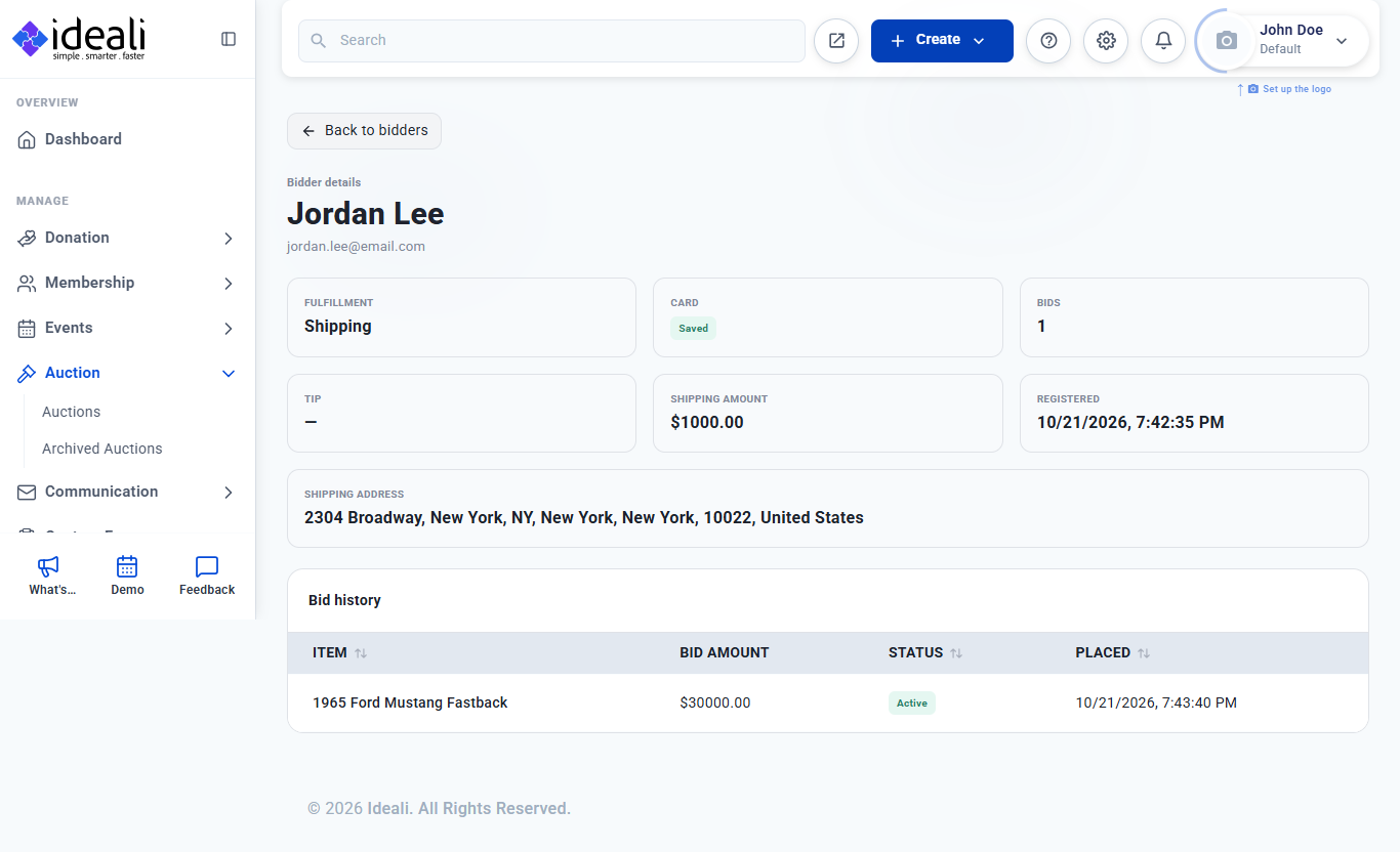 Bidder details page showing fulfillment, card saved, bids, tip, shipping amount, registration date, shipping address and bid history