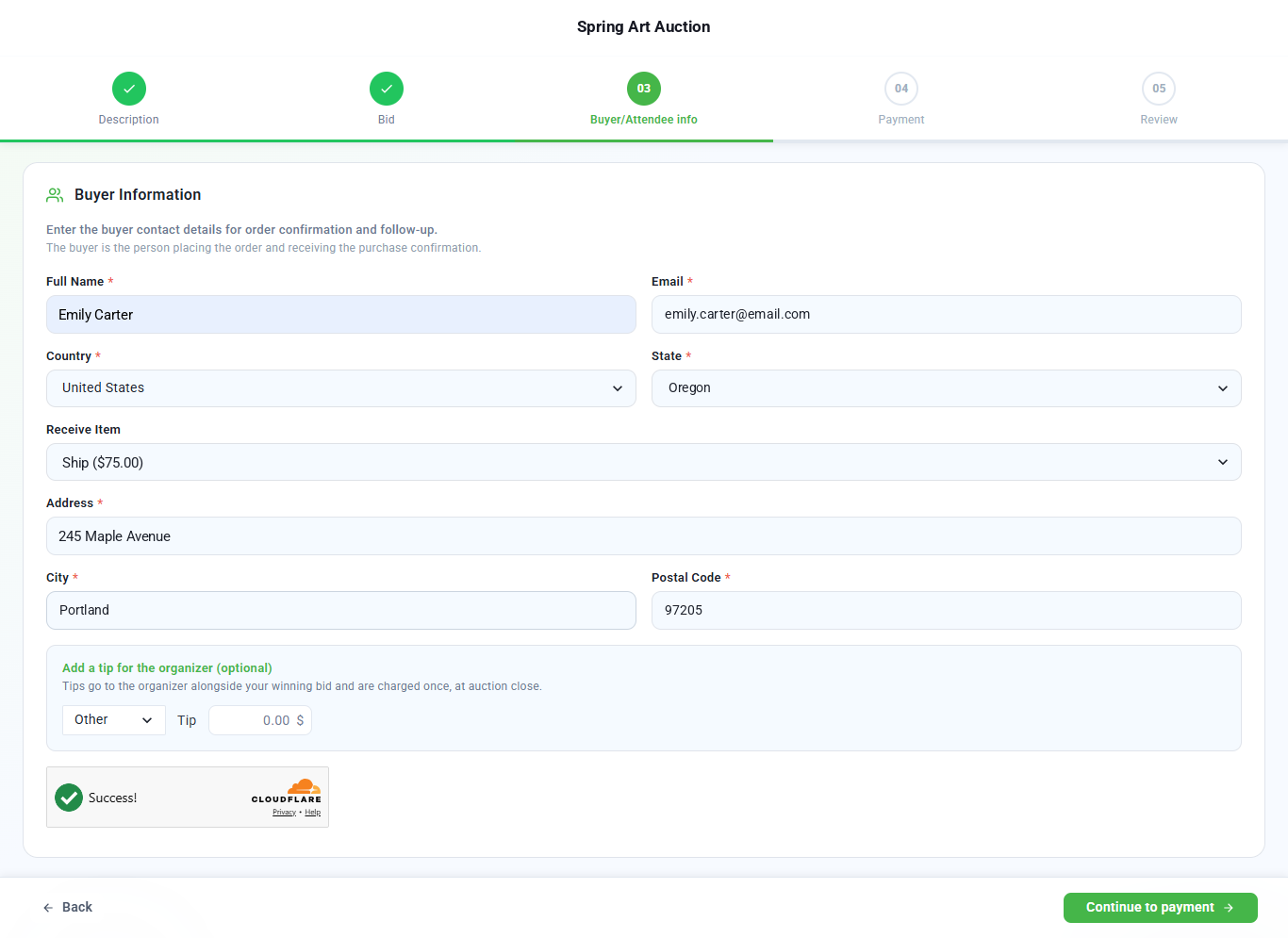 Buyer Information step with name, email, country, state, receive item, address, city, postal code and an optional tip