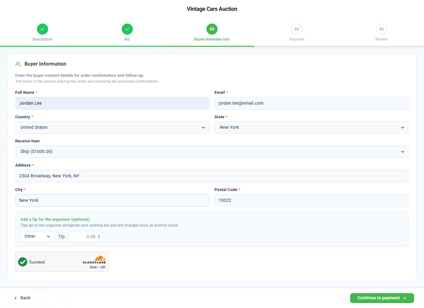 Buyer Information step with name, email, country, state, receive item, address, city, postal code and an optional tip