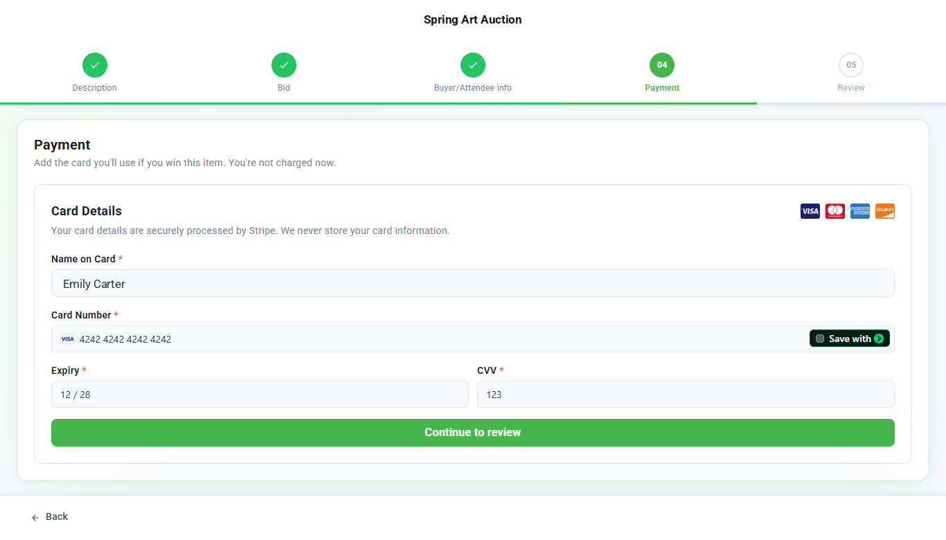 Payment step with name on card, card number, expiry and CVV fields