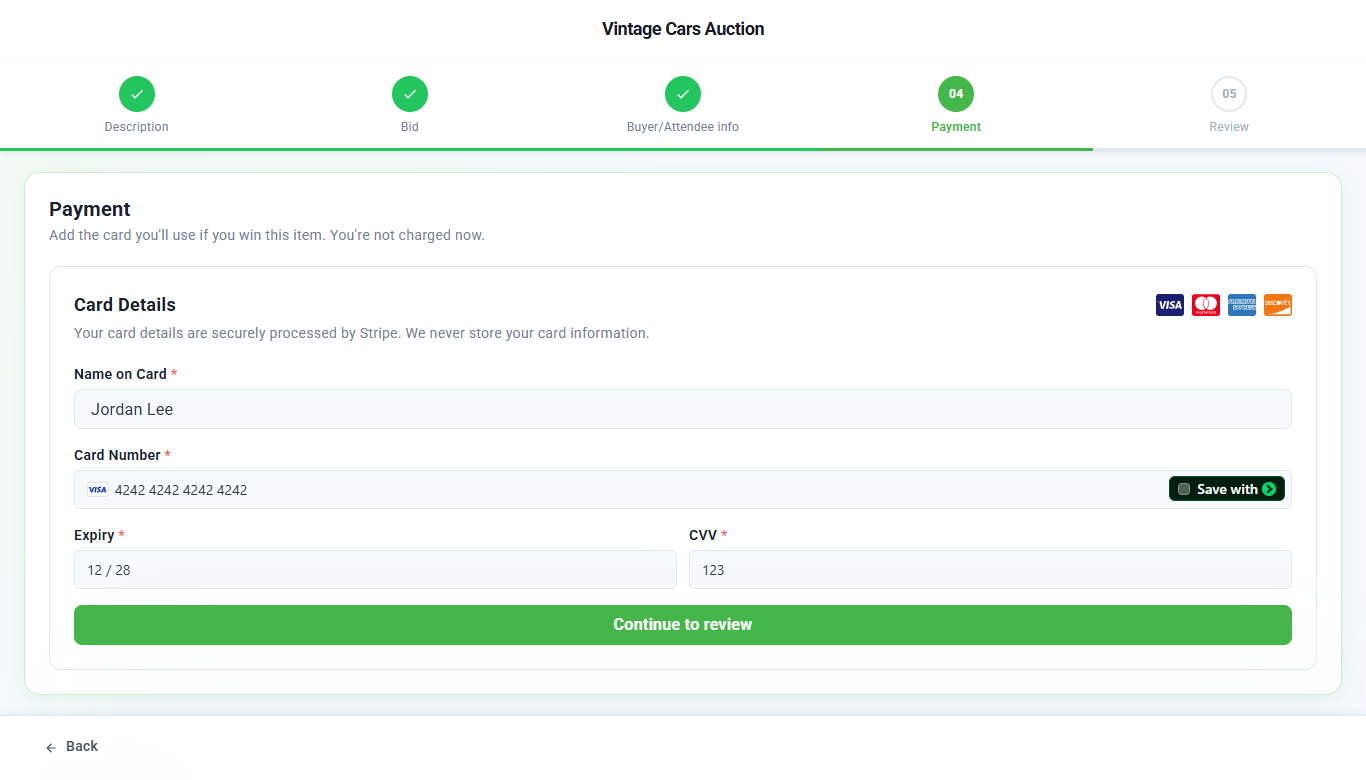 Payment step with name on card, card number, expiry and CVV fields