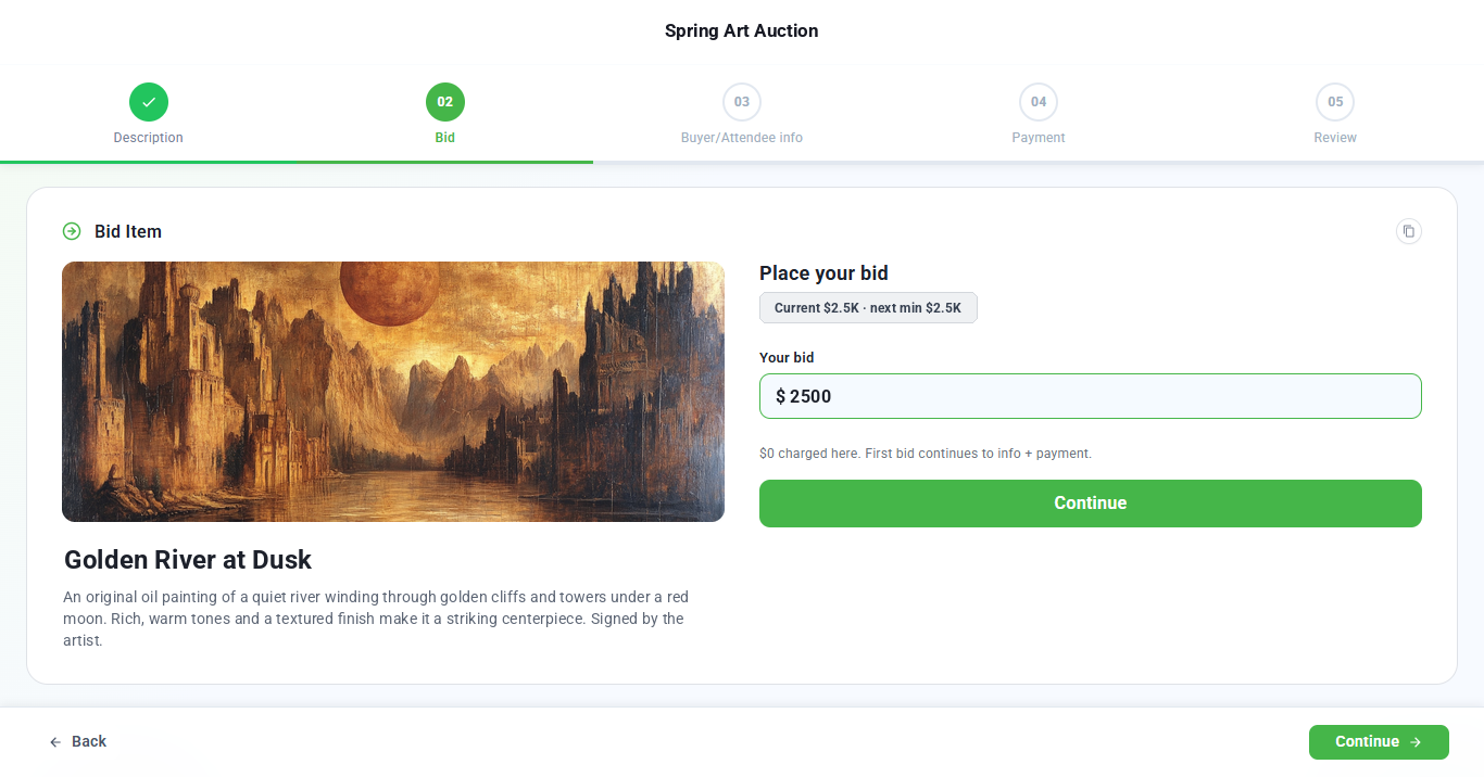 The public bidding page showing an item photo, the current bid and the Your bid field