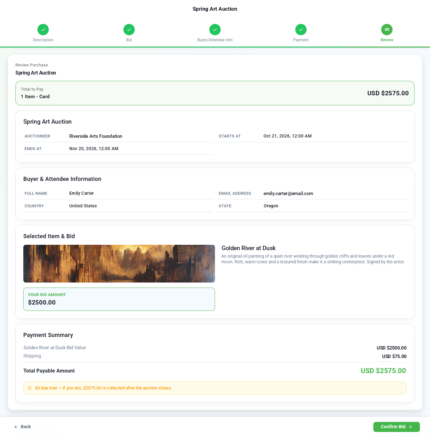 Review step showing the auction, buyer information, selected item and bid, and a payment summary with the total payable if they win