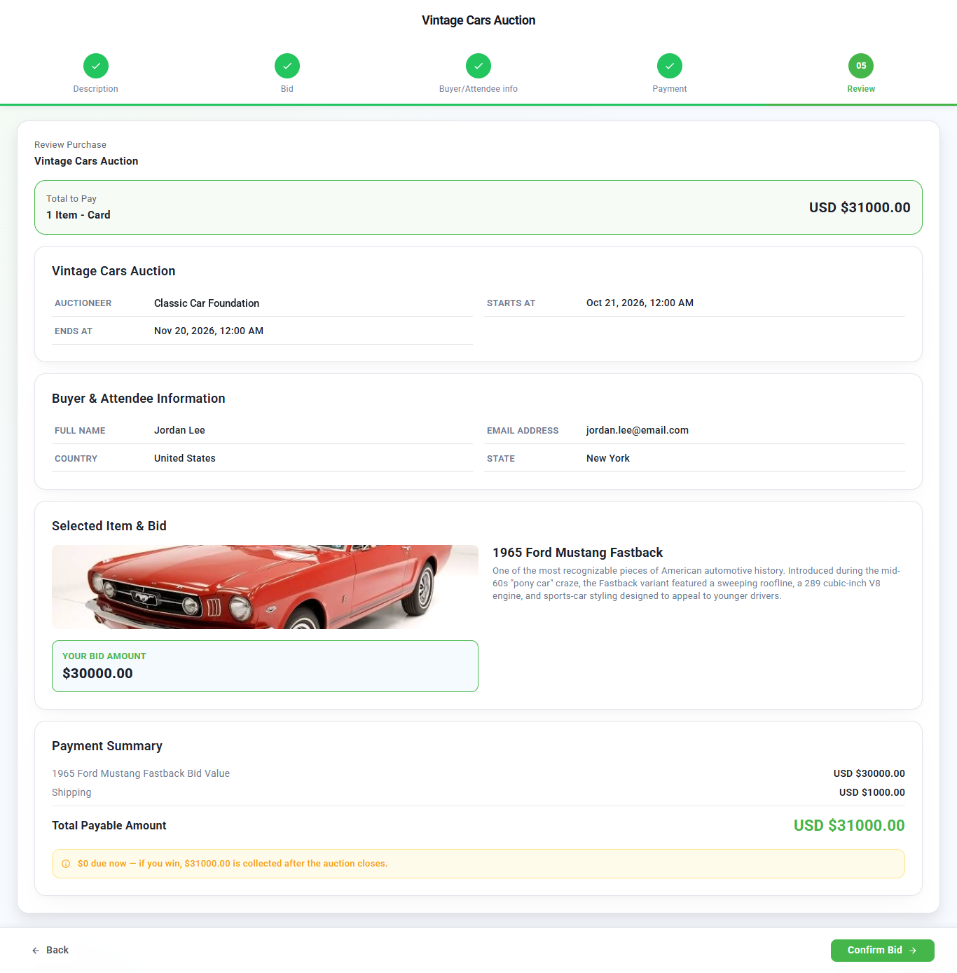 Review step showing the auction, buyer information, selected item and bid, and a payment summary with the total payable if they win