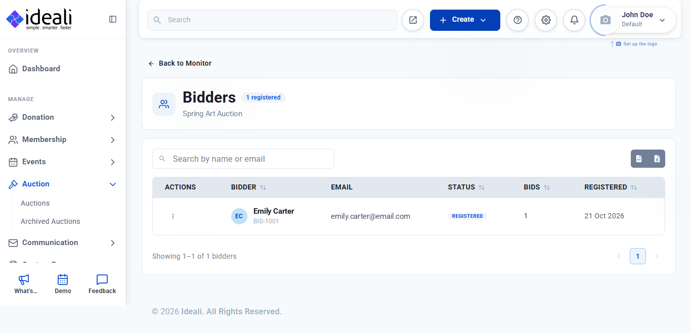 The Bidders page listing a registered bidder with their bidder ID, email, status, bids and registration date