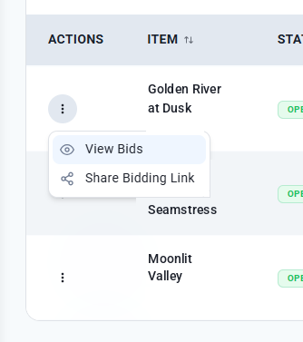 The item actions menu with View Bids and Share Bidding Link