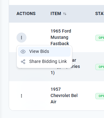 The item actions menu with View Bids and Share Bidding Link